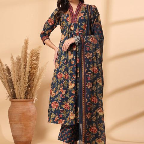 Ebbani Women’s Cotton Floral Blue Kurta Set with Dupatta