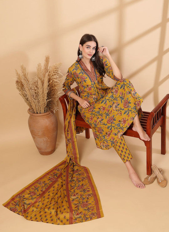 Ebbani Women’s Cotton Floral Yellow Kurta Set with Dupatta