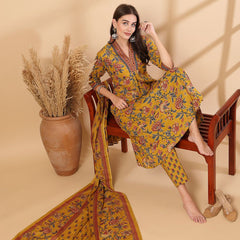 Ebbani Women’s Cotton Floral Yellow Kurta Set with Dupatta
