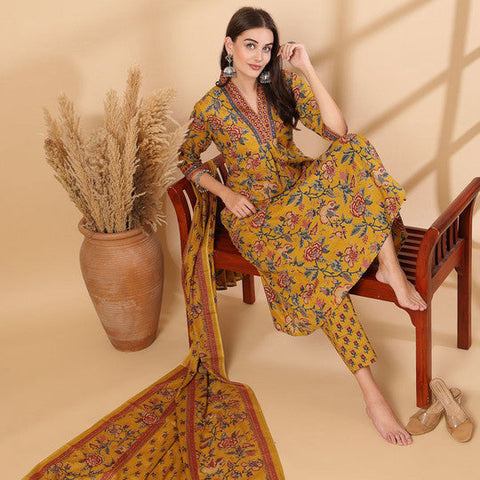 Ebbani Women’s Cotton Floral Yellow Kurta Set with Dupatta