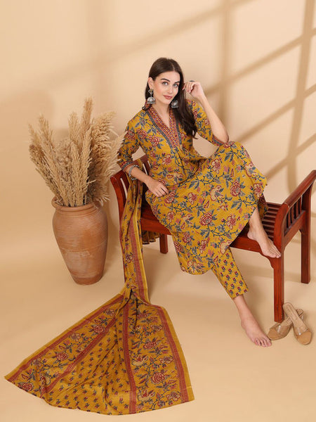 Ebbani Women’s Cotton Floral Yellow Kurta Set with Dupatta