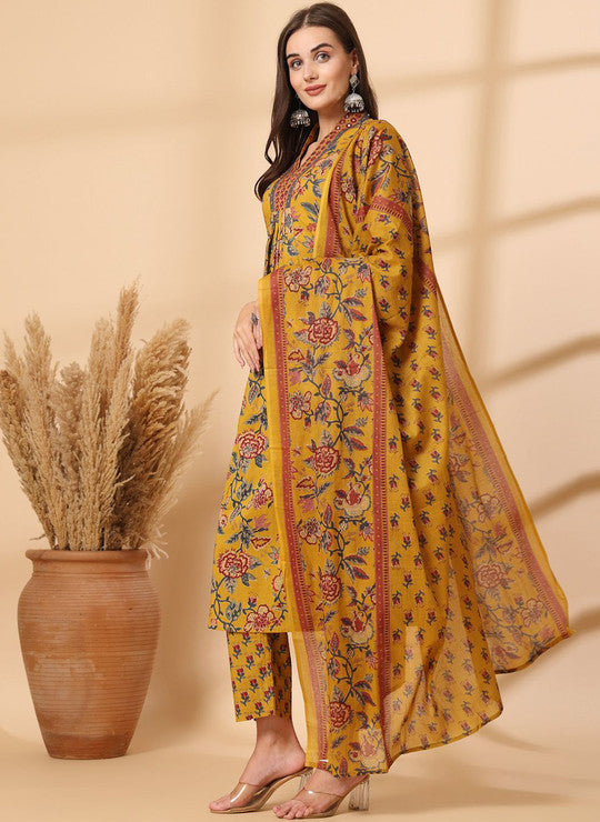 Ebbani Women’s Cotton Floral Yellow Kurta Set with Dupatta