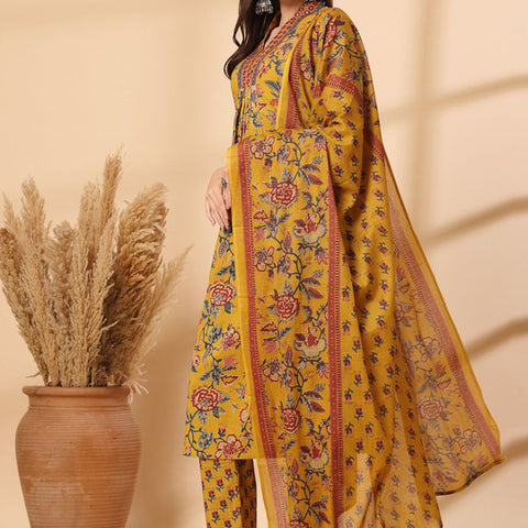 Ebbani Women’s Cotton Floral Yellow Kurta Set with Dupatta