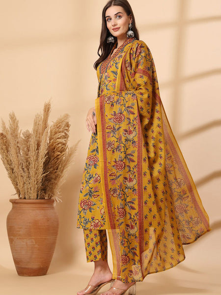 Ebbani Women’s Cotton Floral Yellow Kurta Set with Dupatta