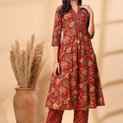 Ebbani Women’s Cotton Floral Red Kurta Set with Dupatta