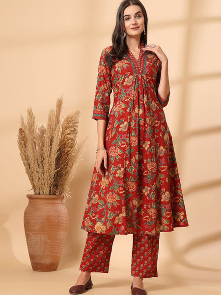 Ebbani Women’s Cotton Floral Red Kurta Set with Dupatta