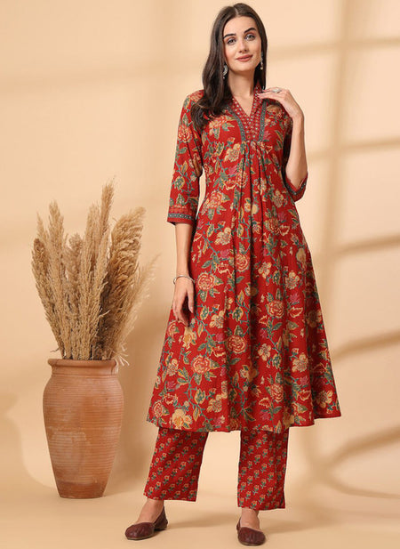 Ebbani Women’s Cotton Floral Red Kurta Set with Dupatta