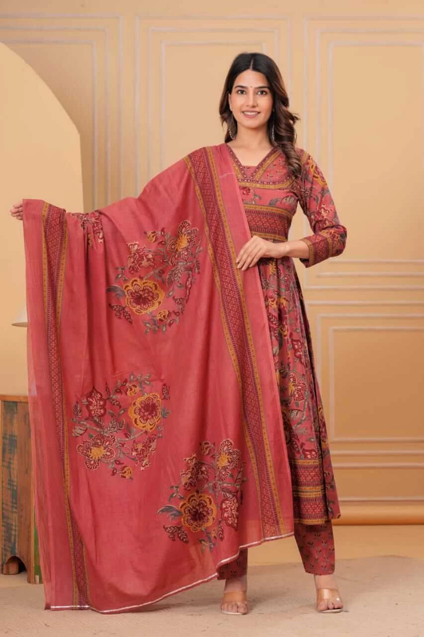 Women’s Cotton Motifs Dusty Rose Kurta Set with Dupatta