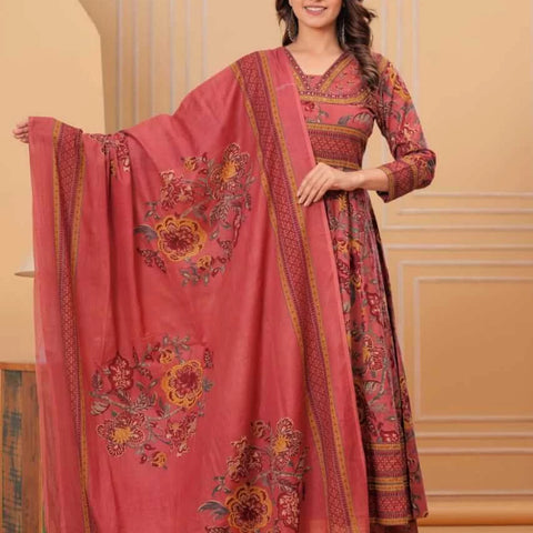 Women’s Cotton Motifs Dusty Rose Kurta Set with Dupatta