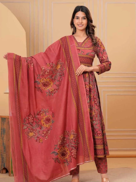 Ebbani Women’s Cotton Motifs Dusty Rose Kurta Set with Dupatta
