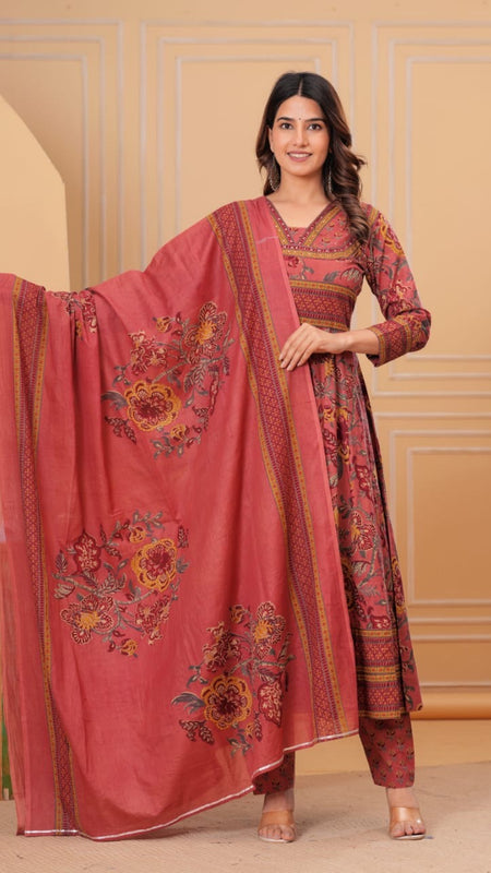 Ebbani Women’s Cotton Motifs Dusty Rose Kurta Set with Dupatta