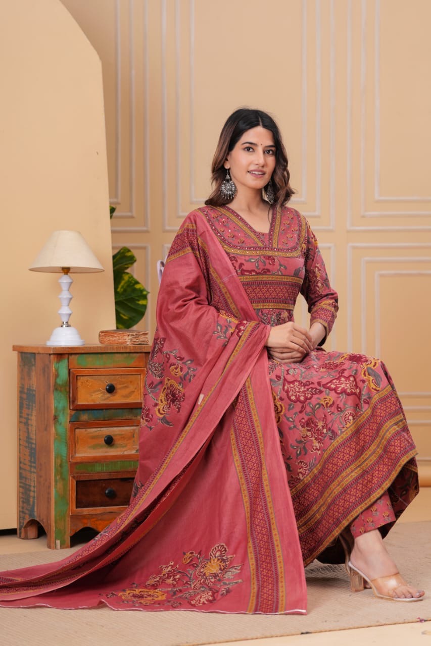 Women’s Cotton Motifs Dusty Rose Kurta Set with Dupatta