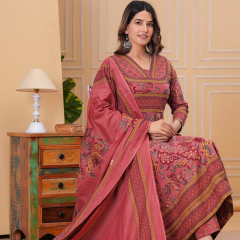 Women’s Cotton Motifs Dusty Rose Kurta Set with Dupatta