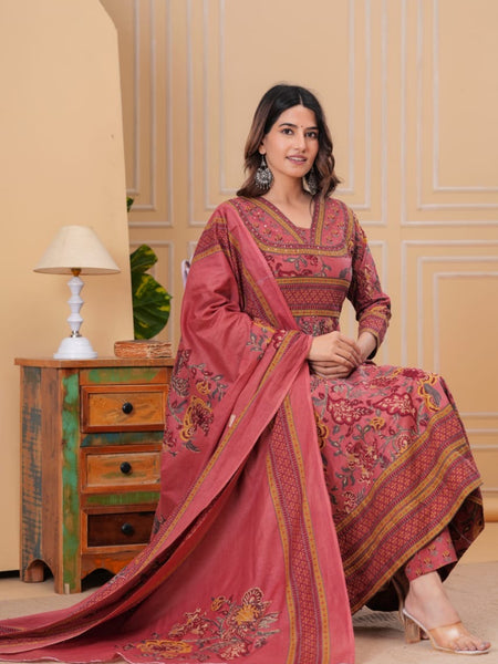Ebbani Women’s Cotton Motifs Dusty Rose Kurta Set with Dupatta