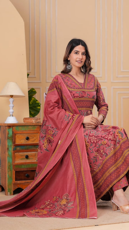 Ebbani Women’s Cotton Motifs Dusty Rose Kurta Set with Dupatta