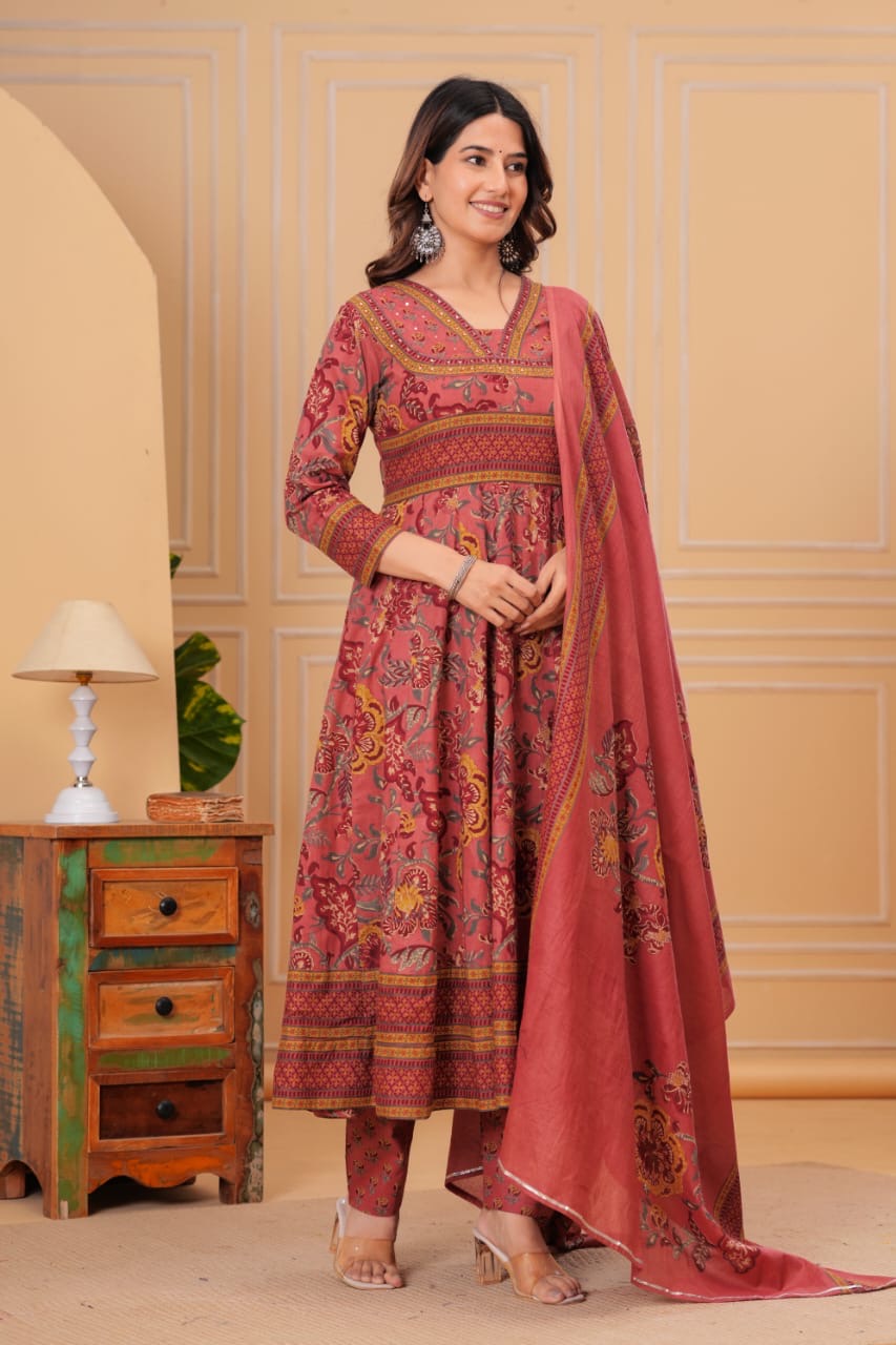 Women’s Cotton Motifs Dusty Rose Kurta Set with Dupatta