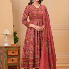 Ebbani Women’s Cotton Motifs Dusty Rose Kurta Set with Dupatta