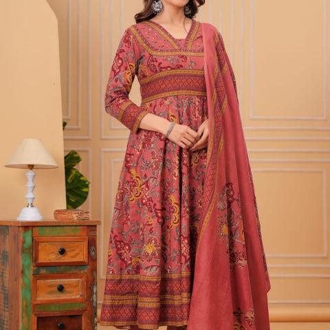 Women’s Cotton Motifs Dusty Rose Kurta Set with Dupatta