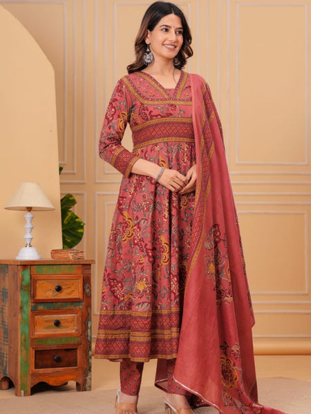 Ebbani Women’s Cotton Motifs Dusty Rose Kurta Set with Dupatta