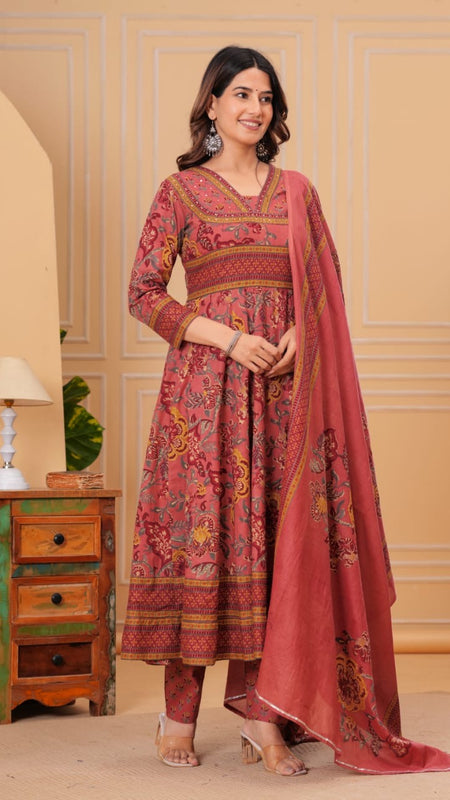 Ebbani Women’s Cotton Motifs Dusty Rose Kurta Set with Dupatta