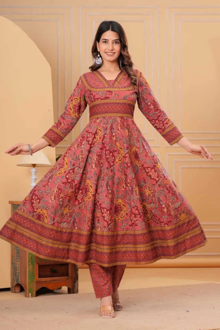 Women’s Cotton Motifs Dusty Rose Kurta Set with Dupatta
