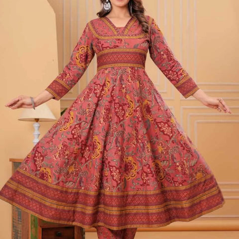 Women’s Cotton Motifs Dusty Rose Kurta Set with Dupatta