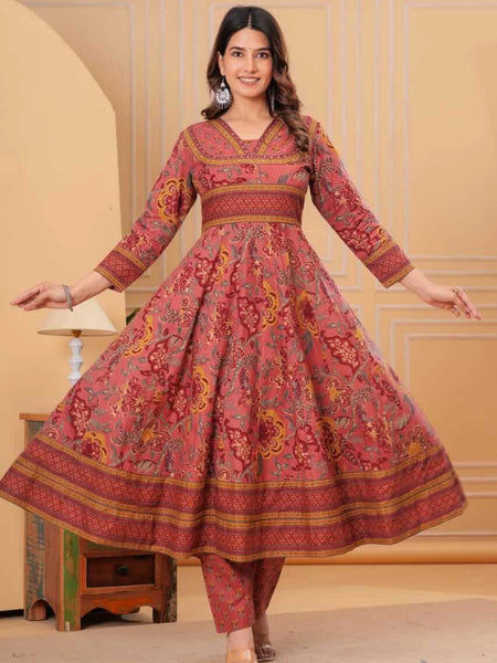 Ebbani Women’s Cotton Motifs Dusty Rose Kurta Set with Dupatta