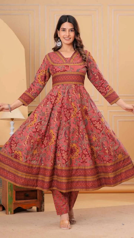 Ebbani Women’s Cotton Motifs Dusty Rose Kurta Set with Dupatta