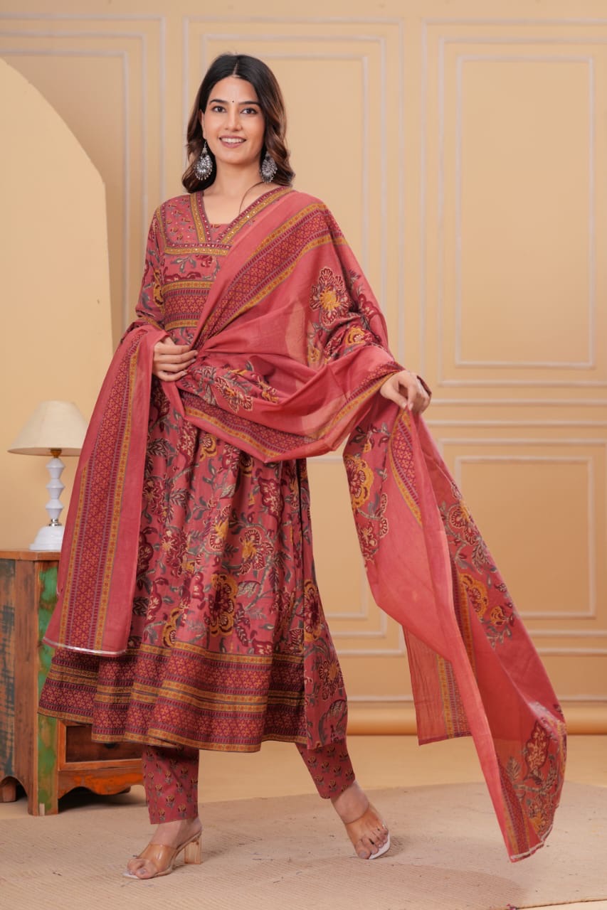 Women’s Cotton Motifs Dusty Rose Kurta Set with Dupatta