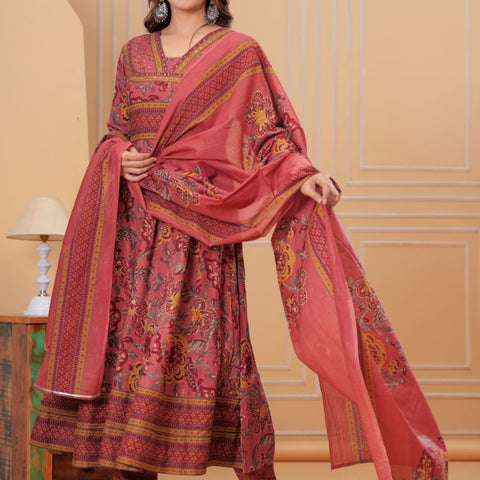 Women’s Cotton Motifs Dusty Rose Kurta Set with Dupatta