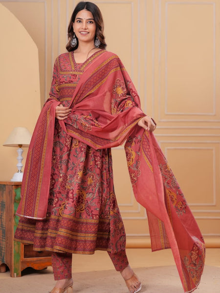 Women’s Cotton Motifs Dusty Rose Kurta Set with Dupatta