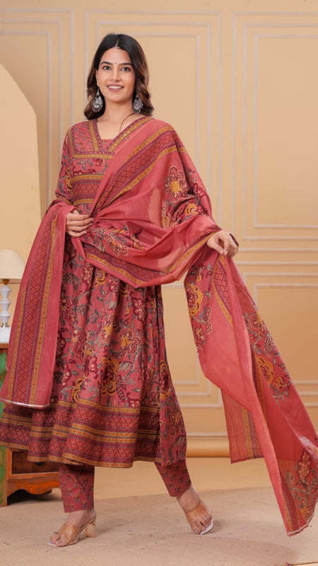 Ebbani Women’s Cotton Motifs Dusty Rose Kurta Set with Dupatta