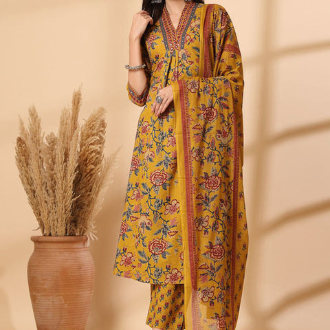 Ebbani Women’s Cotton Floral Yellow Kurta Set with Dupatta