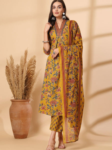 Ebbani Women’s Cotton Floral Yellow Kurta Set with Dupatta