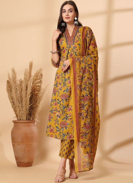 Ebbani Women’s Cotton Floral Yellow Kurta Set with Dupatta